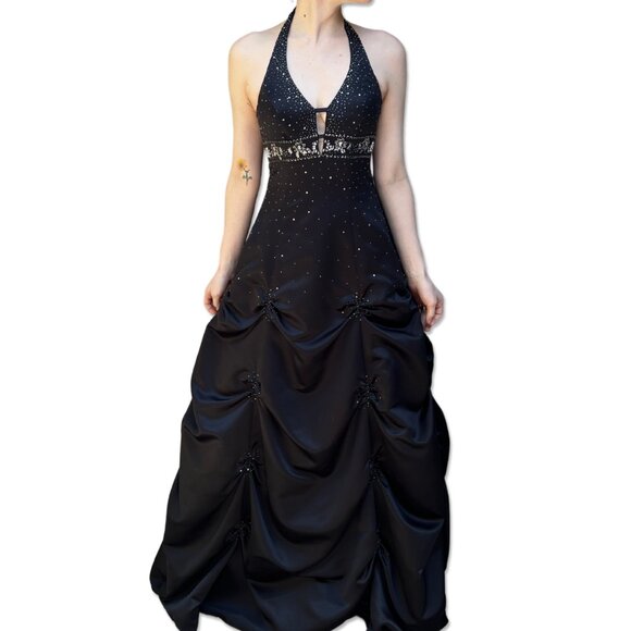 Vintage Jump Apparel Gown Halter Beaded Bodice Black Satin Ball Gown Size 5/6 - Picture 5 of 8